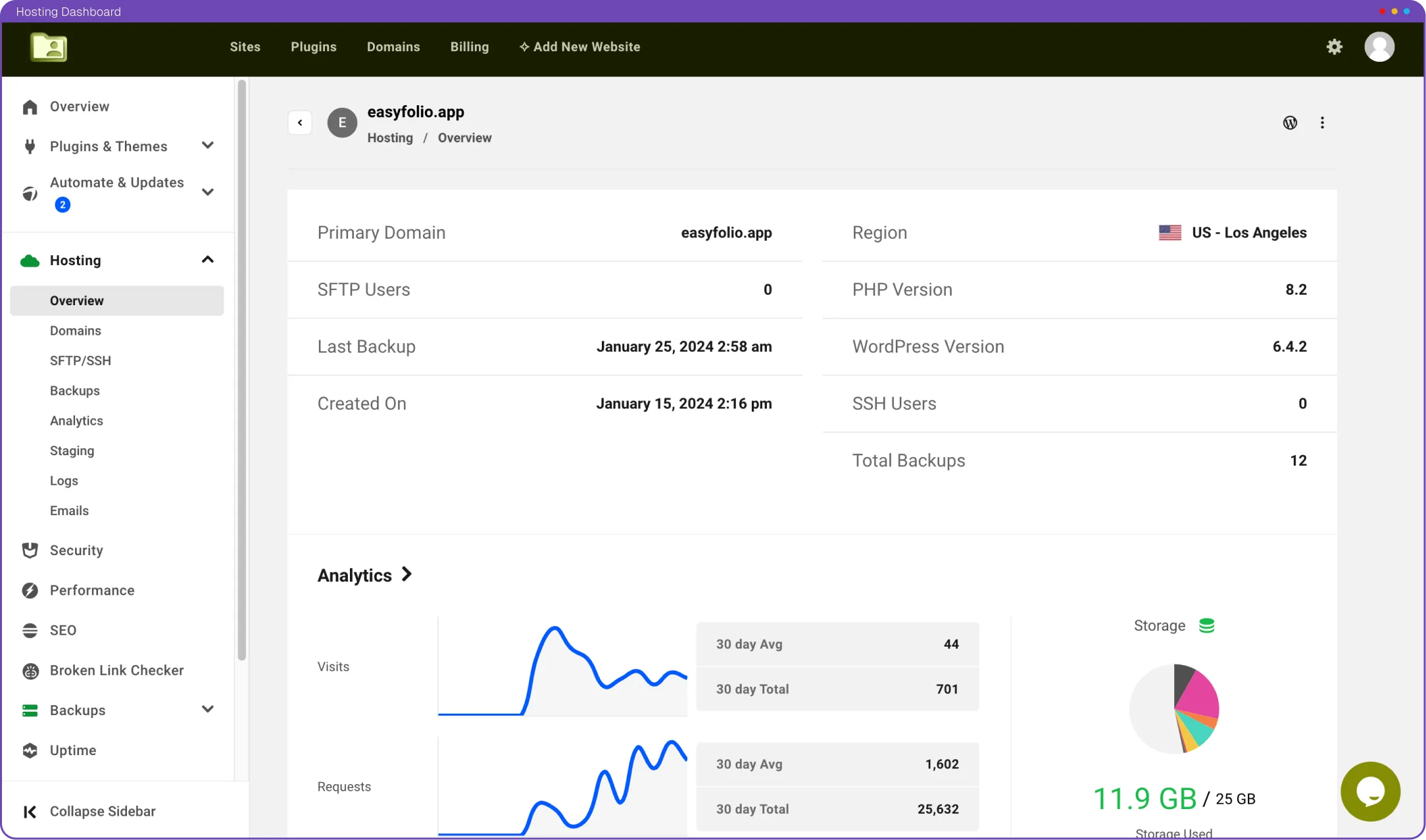 screenshot of easyfolio site hosting dashboard